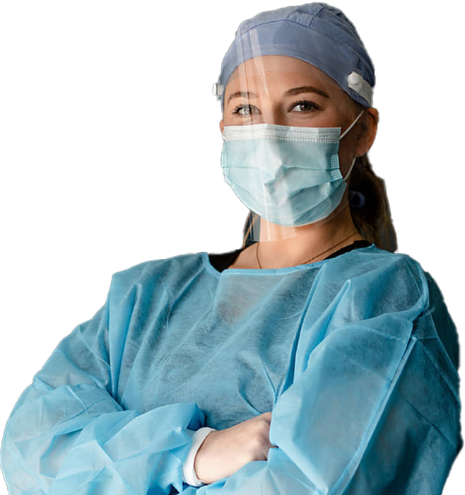 female nurse wearing a mask, face shield and  cover gown